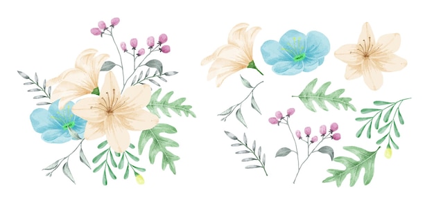 Free vector a set of flowers painted with watercolors