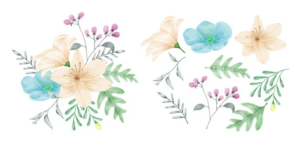 A set of flowers painted with watercolors