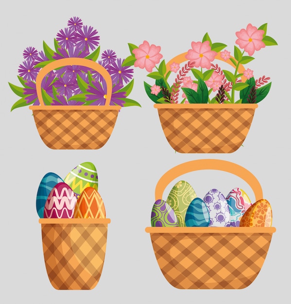 Set flowers plants with leaves and eggs decoration inside basket