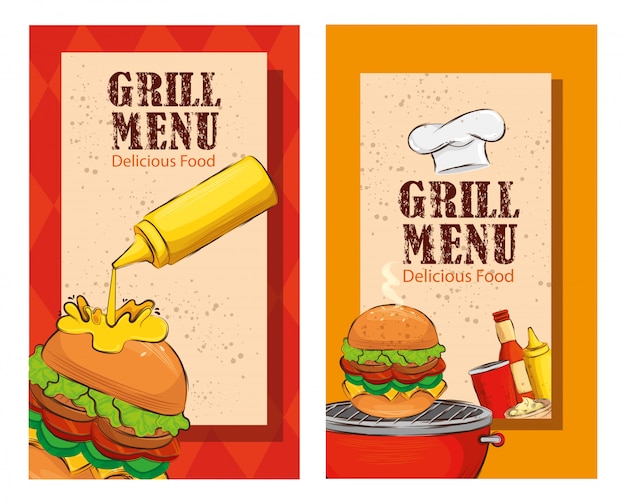 Impostare il volantino del menu grill con deliziosi hamburger