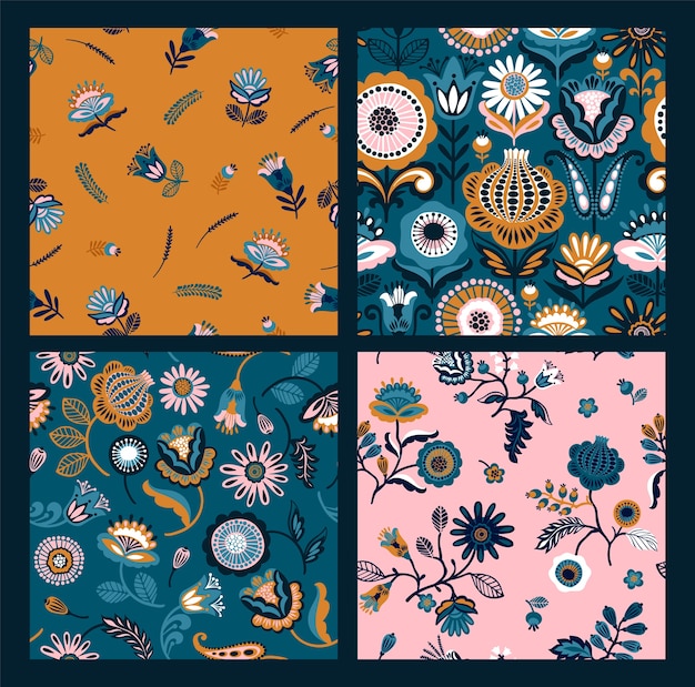 Set of Folk floral seamless patterns.
