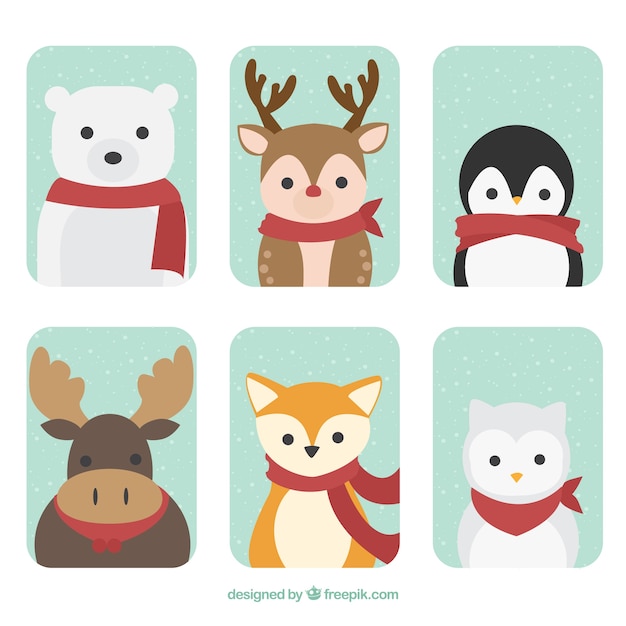 Set of forest animals with red scarf