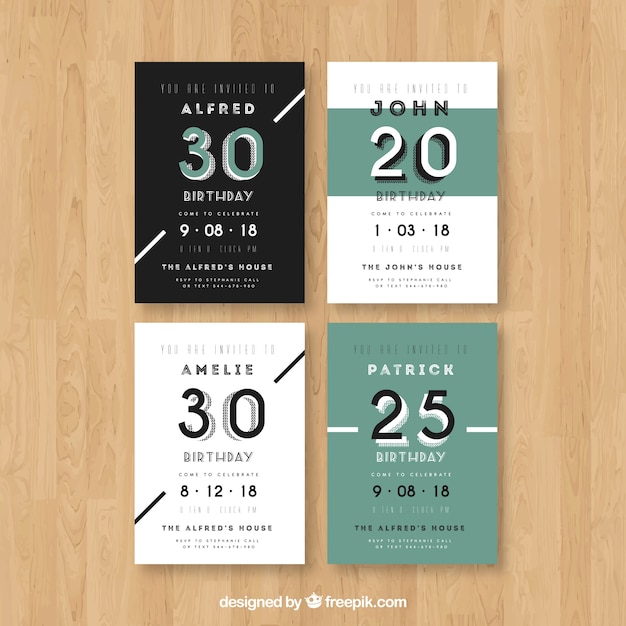 Free vector set of four birthday invitations in flat design