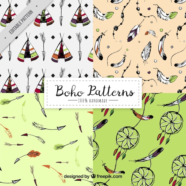 Set of four boho patterns in hand-drawn style