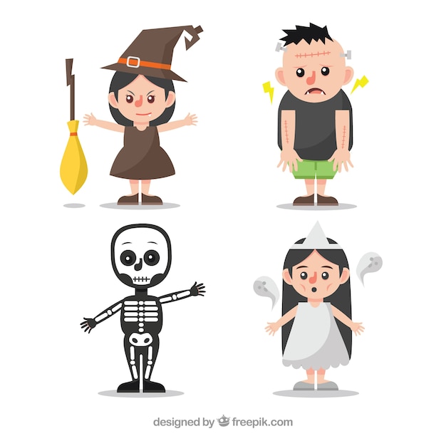 Set of four children with halloween costumes in flat design