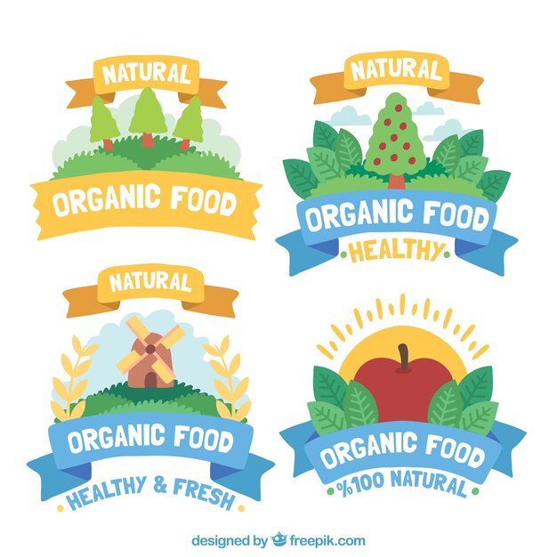 Free vector set of four colored organic food stickers