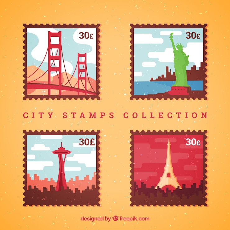 Free Vector set of four colored stamps with different cities