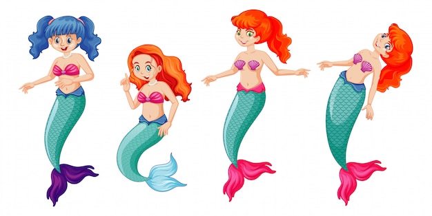 Free vector set of four cute mermaid cartoon style isolated on white background