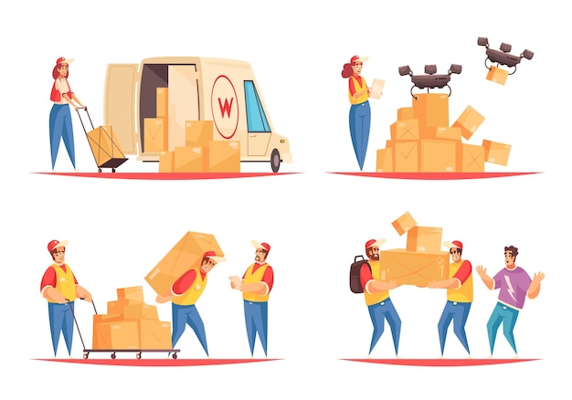 Free vector set of four delivery compositions with characters of shipping employees in uniform logistics vans with drones vector illustration