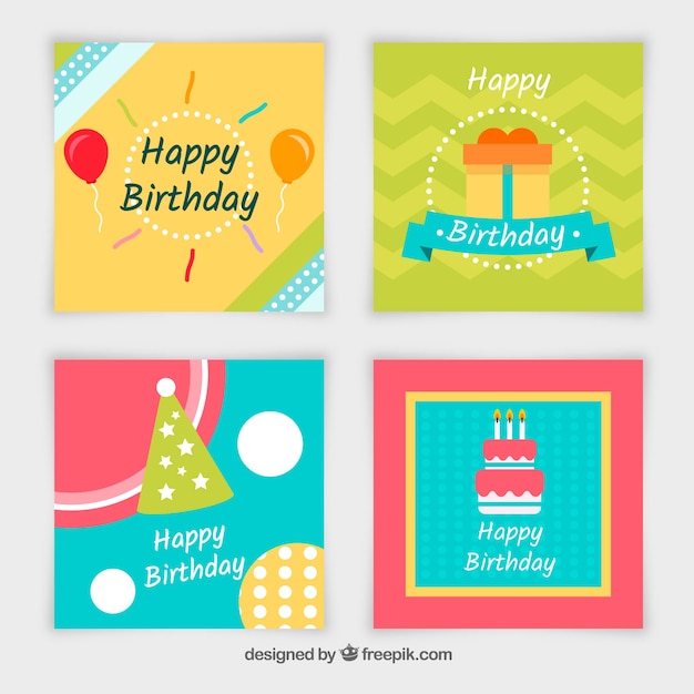 Set of four flat birthday cards in bright colours