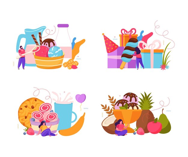 Набор из четырех плоских композиций с шариками для мороженого, подарочными коробками для фруктовых напитков и другими праздничными угощениями, изолированных иллюстрация
