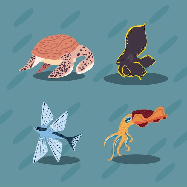 Free vector set of four flat marine animals