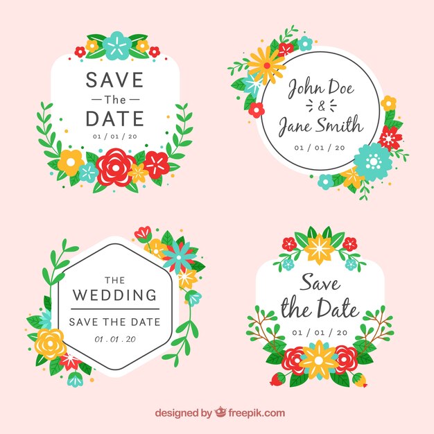 Set of four floral wedding badges