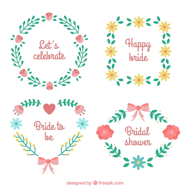 Set of four floral wedding frames in flat design