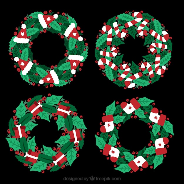 Set of four floral wreaths with christmas objects