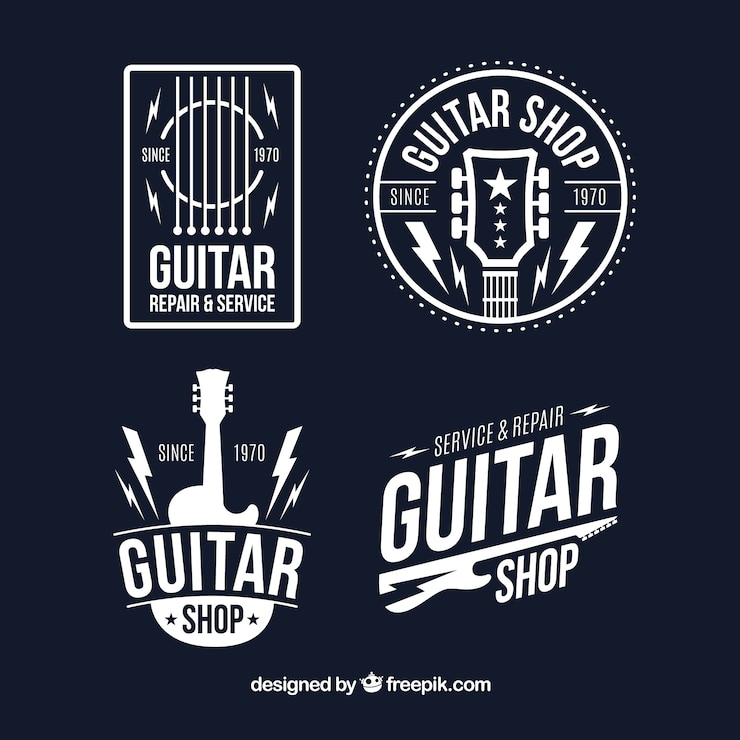 Free Vector set of four guitar logos in flat design
