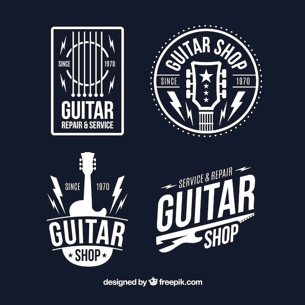 Набор из четырех гитарных логотипов в плоском дизайне