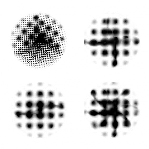 Vettore gratuito set di quattro effetti di mezzitoni con strisce ondulate nere, elementi geometrici astratti creativi in ​​forma di cerchio.