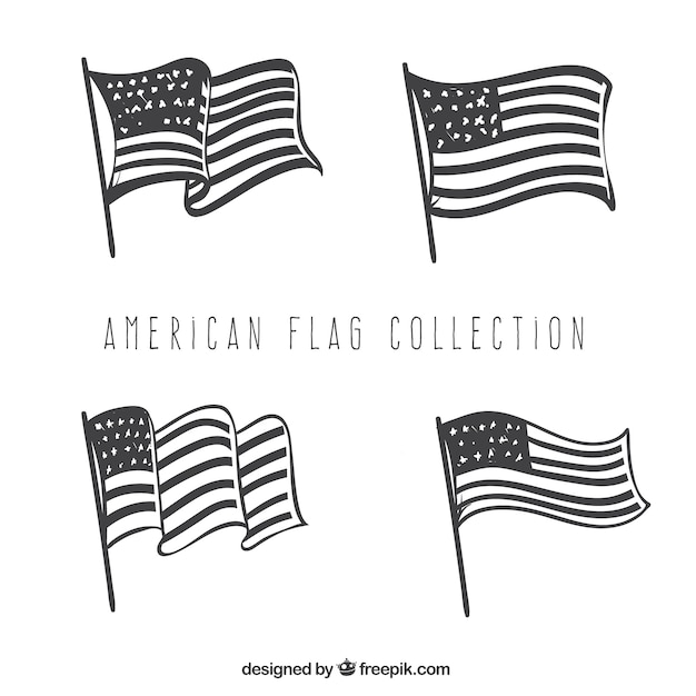 Set of four hand-drawn american flags