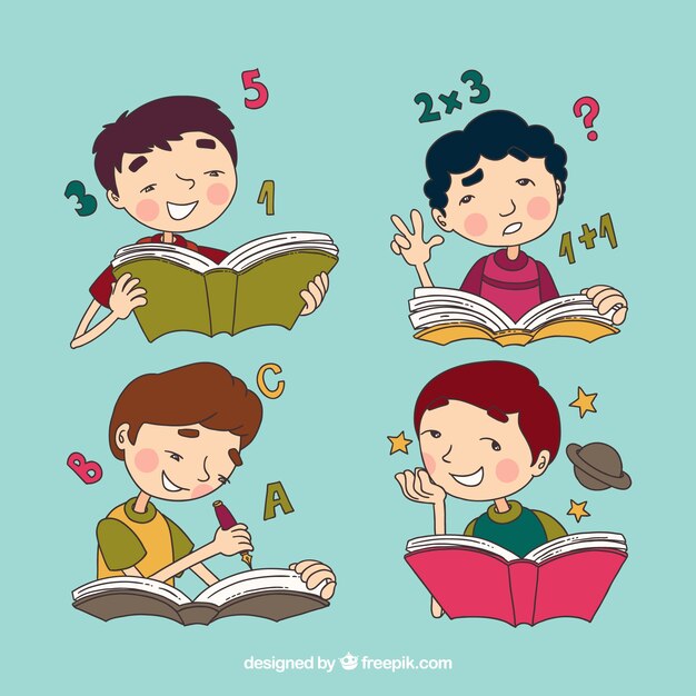 本を読んで4人の手描き子供のセット