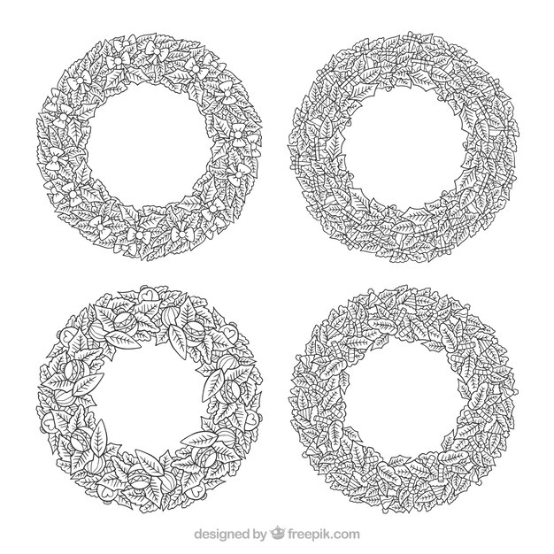 Set of four hand drawn christmas wreaths