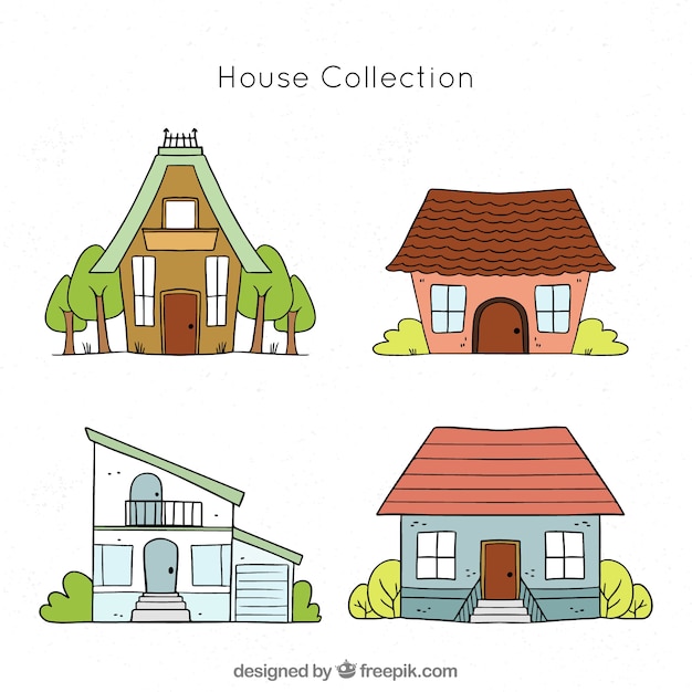 Set of four hand drawn houses
