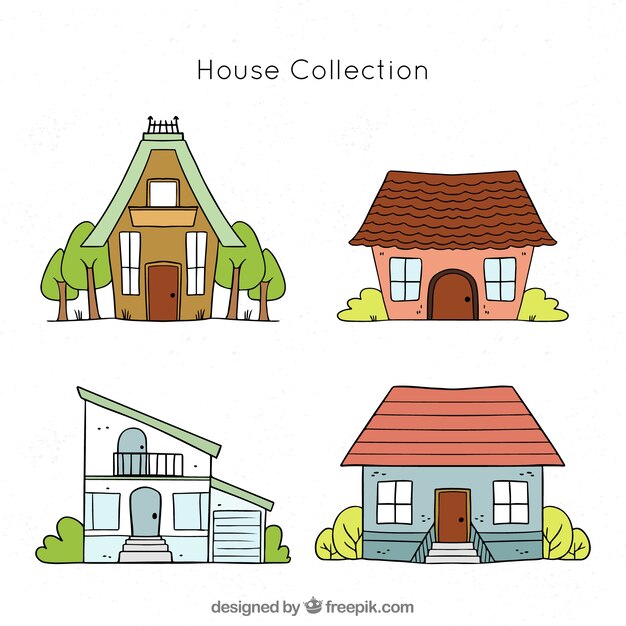 4つの手描きの家のセット
