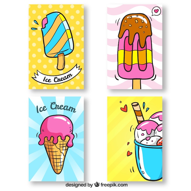 Набор из четырех рисованных карт мороженого