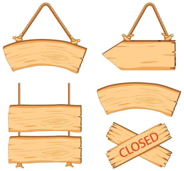 Free vector set of four hanging blank wooden sign boards