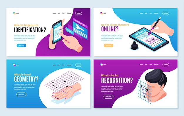 Set of four isolated isometric biometric identification horizontal web site pages with editable text links landing pages