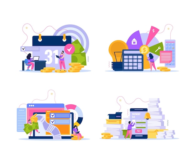 Set of four isolated monthly payments compositions with flat accounting icons calendars calculators and human characters illustration