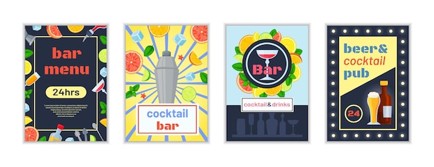 Free vector set of four isolated vertical posters with bar menu backgrounds editable text and glasses with cocktails vector illustration