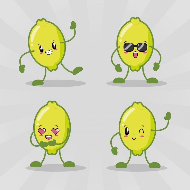 मुफ़्त वेक्टर set of four kawaii lemons with different expressions