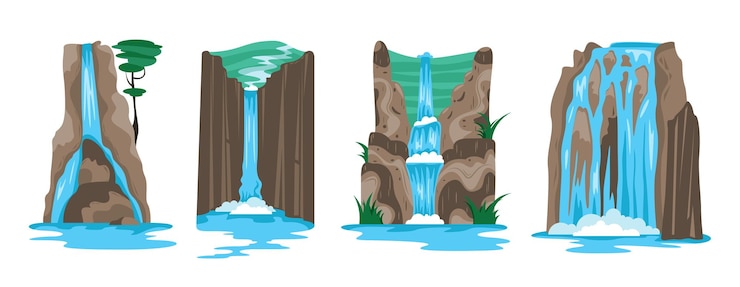 Free Vector set of four natural landscape scene for game design with waterfalls rocks and stones cartoon vector illustration