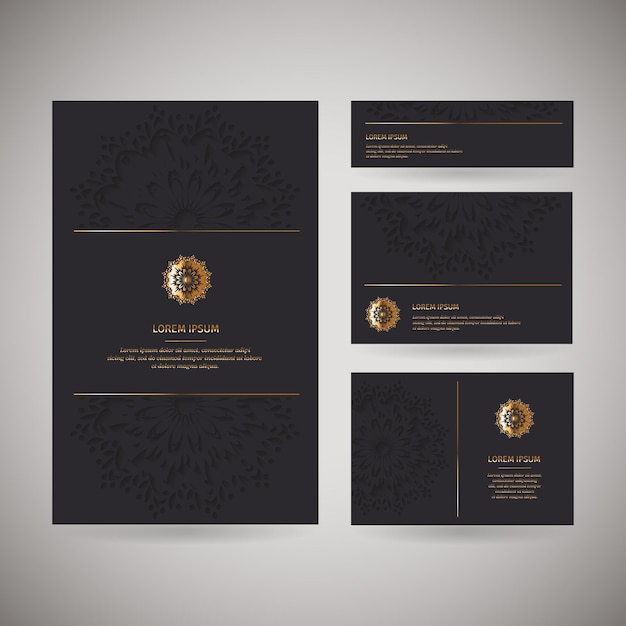 Free vector set of four ornamental gold business cards with flower oriental mandala