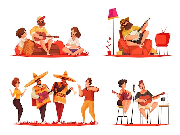 Set of four people playing guitar compositions with characters of musicians of different genre and culture illustration