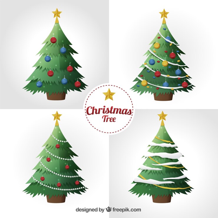 Free Vector set of four realistic christmas trees with ornaments