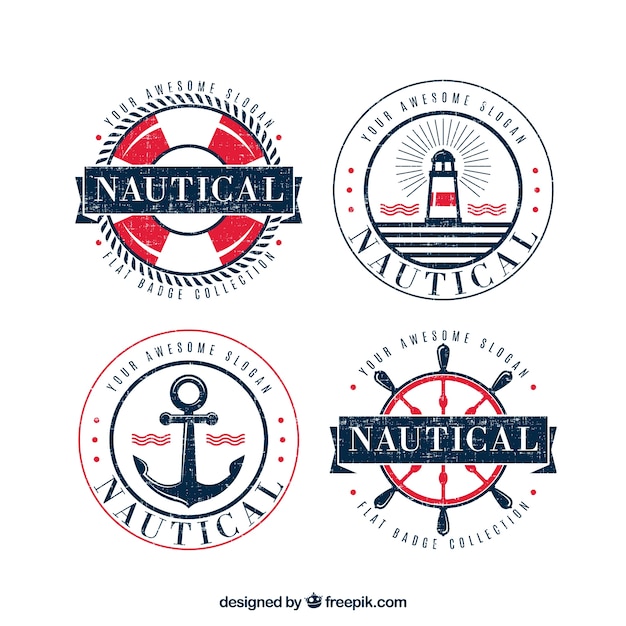 Set of four round vintage badges with nautical elements