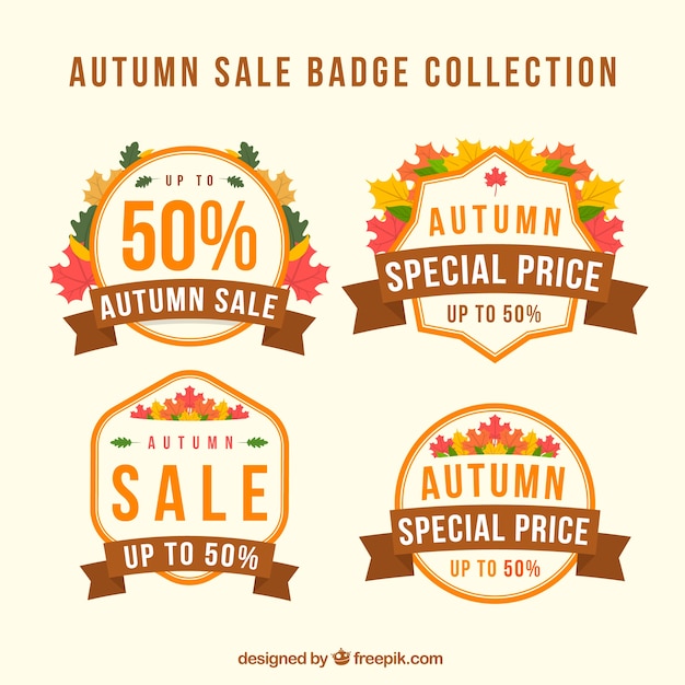 Free vector set of four sale stickers with autumn leaves