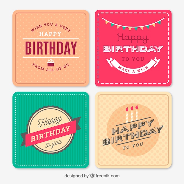ヴィンテージスタイルの4つの四角い誕生日カードのセット