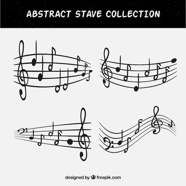 Free vector set of four staves with musical notes