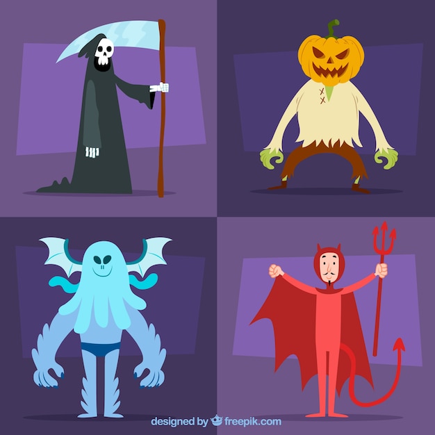 Vettore gratuito set di quattro personaggi terrificanti di halloween