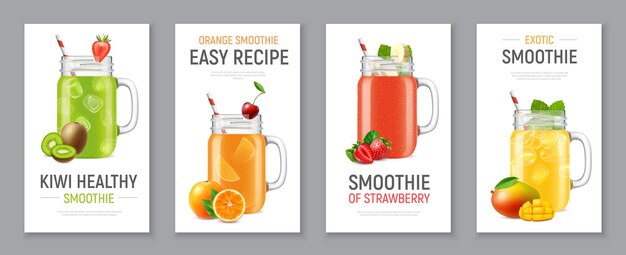 Set of four vertical realistic banners with cold fruit and berry smoothie in jars