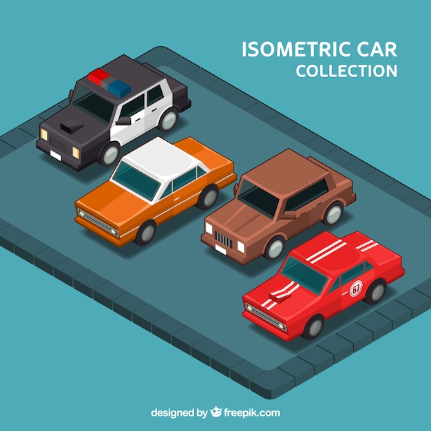 Set of four vintage cars in isometric style