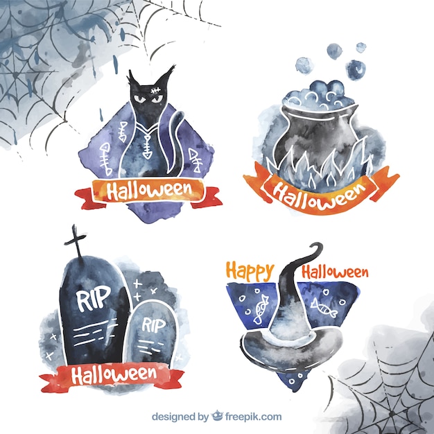 Set of four watercolor badges for halloween