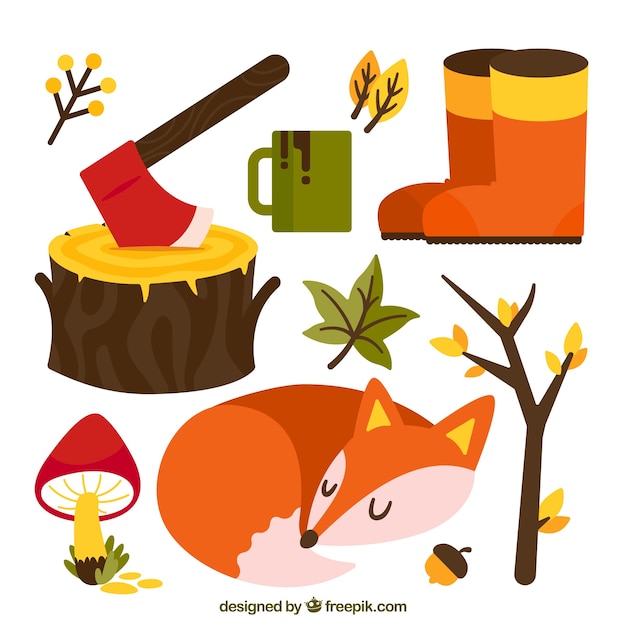 Free vector set of foxy with other autumn elements