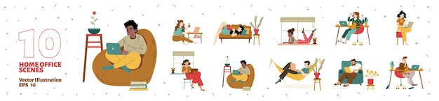 Free vector set freelancers work at home office illustration