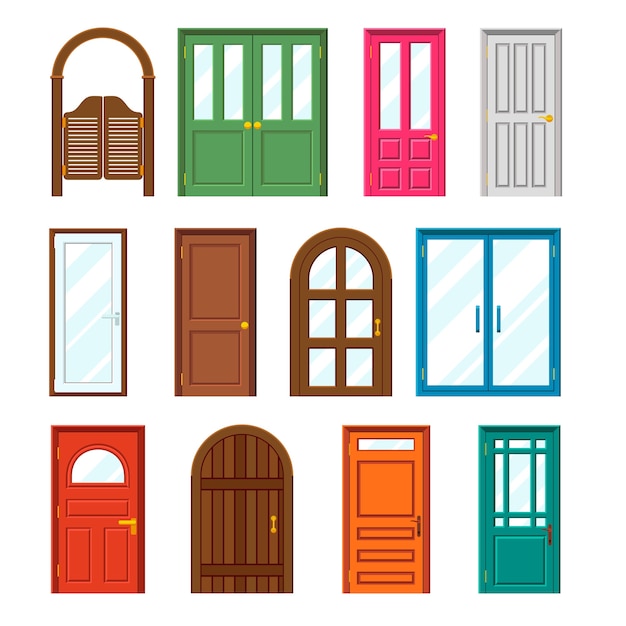 Free vector set of front buildings doors in flat style.