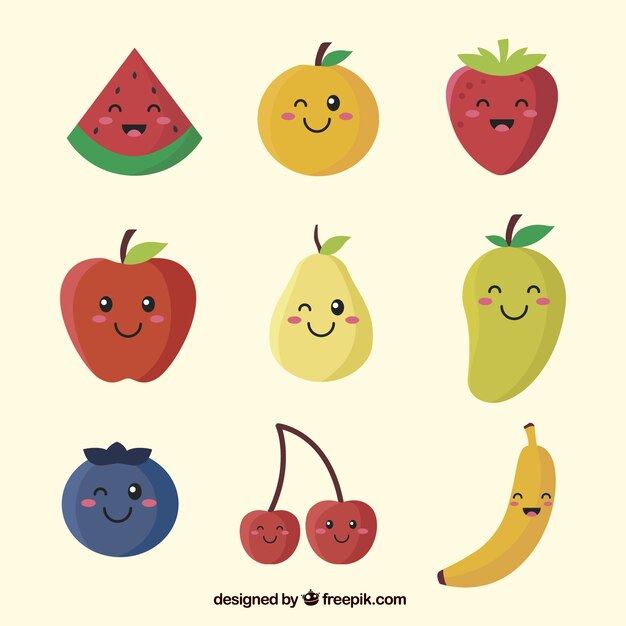 Набор символов фруктов с различными выражениями мимики