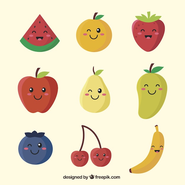 Set of fruit characters with variety of facial expressions